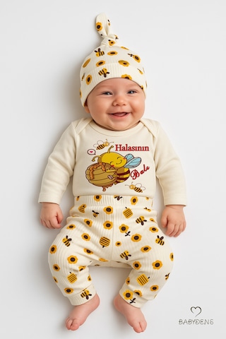 Babyden's Halasının Balı 3 Lü Yenidoğan Takım %100 Pamuk Uzun Kol Body,çiçek Arı Desenli Pantolon,bere Ekru