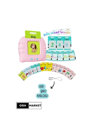 Pembe Renkli Ingilizce Sesli Flash Kart Seti Yırtılmaz Eğitim Kartları, Şeffaf Koruyucu Kılıflı