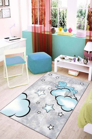 Mavi Kaymaz Tabanlı Yıkanabilir Ayıcıklı Çocuk Halısı Kd24n11