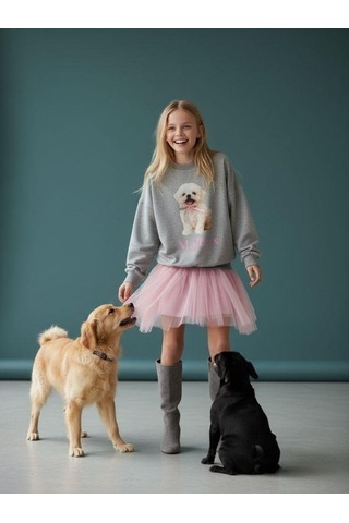 Kız Çocuk Pamuklu Köpek Baskılı Oversize Tasarım Sweatshirt-16472 Vizon