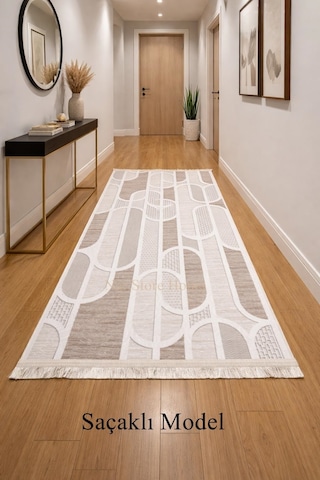 Kaymaz Taban Saçaklı Krem Bej Modern Geometrik Yıkanabilir Koridor Salon Mutfak Yolluk Halı Bej