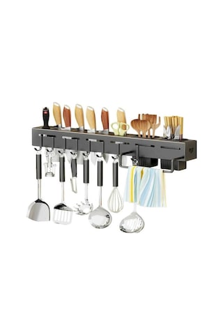 Fortunelane Çelik Duvarlı Bıçak Çubuk Saklama Rafı, 50cm, Perfore Edilmeden Monte Edilebilir, Siyah Mutfak Organizatörü Siyah