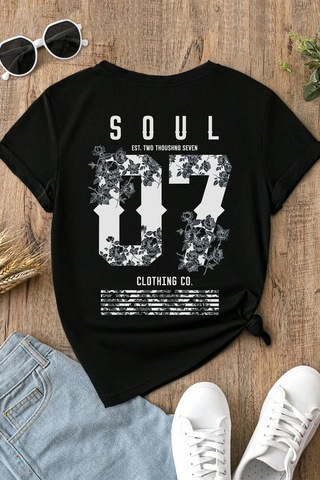 Spoyi Soul 07 Tasarımlı %100 Pamuk Yarım Oversize Siyah T-mhirt