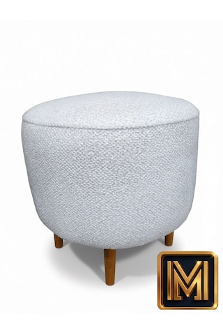 Soft 01 Yuvarlak Puf Koltuk Yumuşak Doku Nubuk Kumaş Modern Tasarım Dekoratif Puf Ahşap Ayaklı Oturma Pufu Şık Ve Konforlu Salon Ve Yatak Odası Pufu İskandinav Buklet Boucle Bohem Tabura Etnik Balkon Beyaz