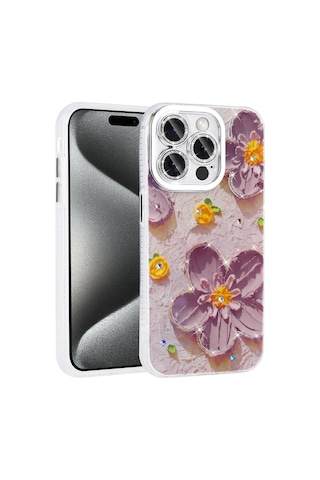 Zore Apple iPhone Uyumlu 15 Pro Max Kılıf Çiçek Desenli Parlak Taşlı Sert Silikon Omsy Garden Kapak - Mor