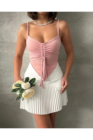 Önü Büzgülü Askılı Crop Pembe
