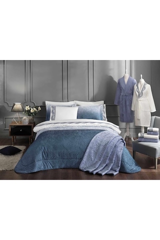 Helezon Çeyiz Seti Lacivert 16 Parça Ekru