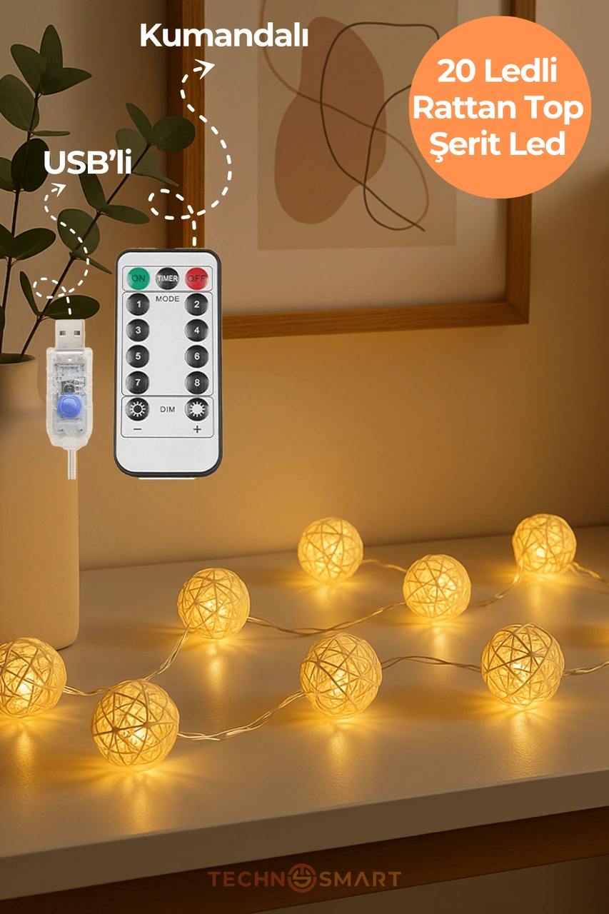Technosmart 20 Ledli Rattan Top Şerit Led Işık Usb Li Ve Kumandalı, 4m, 8 Mod Dekoratif Aydınlatma Sarı
