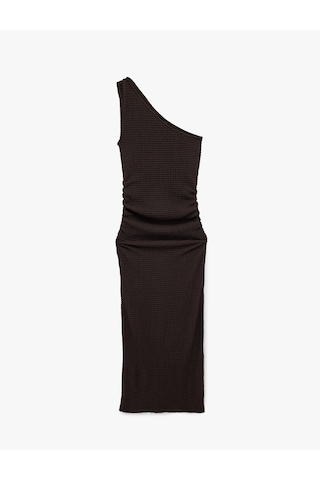 Koton Bürümcük Kumaş Slim Fit Drapeli Kolsuz Tek Omuz Kalem Elbise Kahverengi 6sak80001uk Kahve