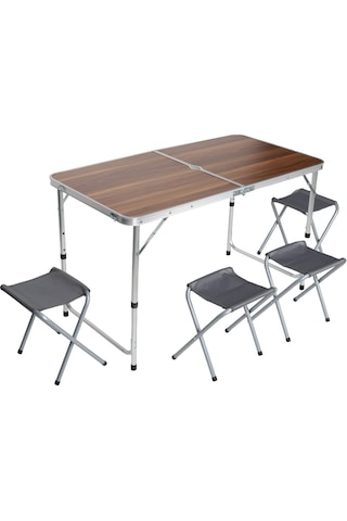 Uniqamping Çanta Tipi 4 Tabureli Katlanır Kamp Masa Seti - Ahşap Kahverengi