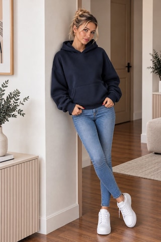 Lima Lacivert Kadın Kapüşonlu Oversize Sweatshirt Kanguru Cepli Düz Renk Uzun Kollu Sweat