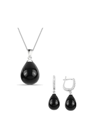 Gümüş Damla Model Kolye Küpe Oniks Taşlı Set