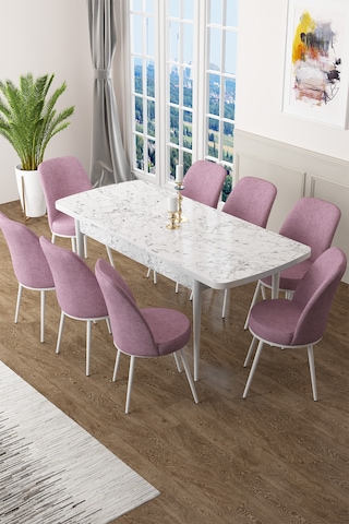 Canisa Concept Zen Serisi 80x132 Mdf Açılabilir Beyaz Mermer Desen Masa Takımı Ve 8 Pembe Sandalye Masa Beyaz/sandalyeler Pembe