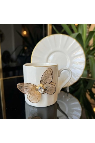 Çnr Home Collection Flora Luxe Serisi Altin Yaldizli Porselen Kahve Fincan & Tabaği - Çiçek Ve Kelebek Detayli 3 Model Altin