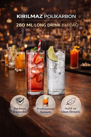 Polikarbon Kırılmaz 280 Ml Long Drink Bardağı Cam Görünümlü Şık Tasarım Şeffaf