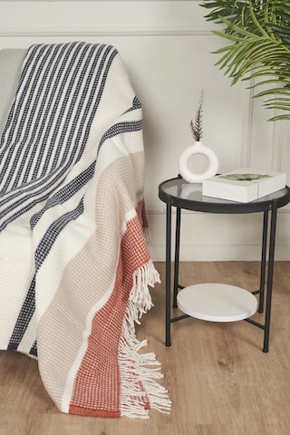 Villadia Home Textile Cozy Skoç Desenli Püsküllü Pamuklu Tv Battaniyesi 150x200 Cm Tek Kişilik Koltuk Şalı Diz Battaniyesi Dekoratif Battaniye Mavi - Turuncu
