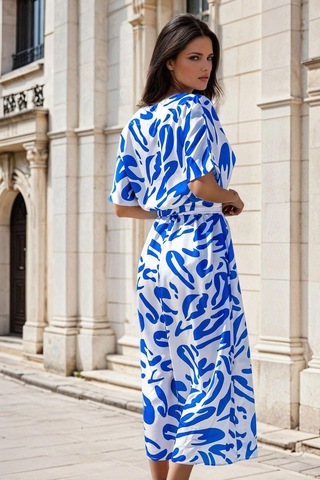 Mavi Beyaz Desenli, V Yaka, Kuşak Detaylı, Uzun Elbise Mavi