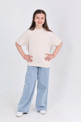Modanino Kız Çocuk 2'li Jean Takım Pantolon+bluz 7-12 Yaş 12666 Ekru