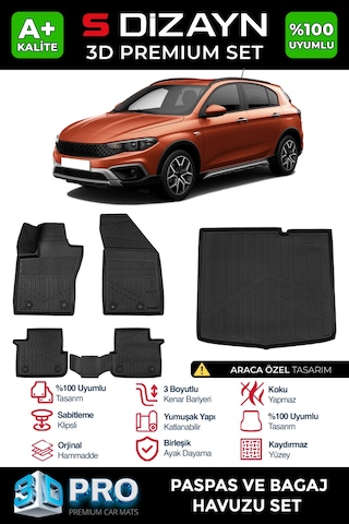 S-dizayn Fiat Egea Cross 3d Pro Havuzlu Paspas Ve Bagaj Havuzu Seti 2'li Set 2020 Üzeri A+ Kalite