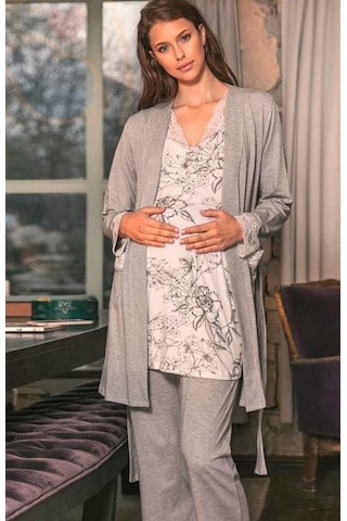 ANIL Anıl 5543 Gri Pembe Dantel Detaylı Hamile Lohusa 3 Lü Pijama Sabahlık Takımı Çok Renkli