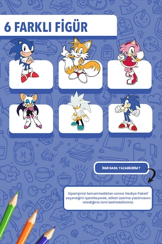 İsim Yazılabilir Sonic Temalı Kişiye Özel Okul Etiketi Kalem & Defter İçin 200 Adet Çoklu