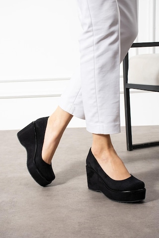 Zenneshoes Helena Dolgu Topuklu Kadın Ayakkabı Siyah Süet