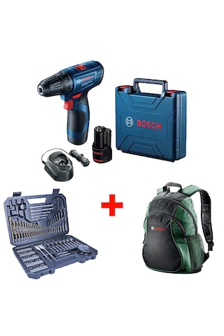Bosch Professional GSR 120-LI Çift Akülü Delme Vidalama + Bosch Sırt Çantası + Bosch V-Line 103 Parça Aksesuar Seti