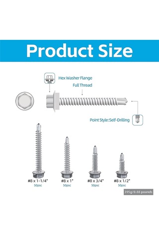 Xurunkeji 200 Adet 8 X 1/2 İnç İla 1-1/4 İnç Kendiliğinden Delinebilen Vidalar Metal, Paslanmaz Çelik Sac Vidalar, İnşaat Ve Onarım İçin 17x14x3cm