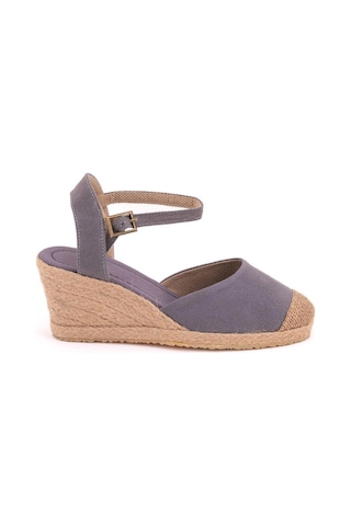 Star Tombis Gerçek Elişi Topuğu Açık Burnu Hasırlı Bilekten Bantlı Dolgu Topuk Keten Hasır Espadril Handmade Gri