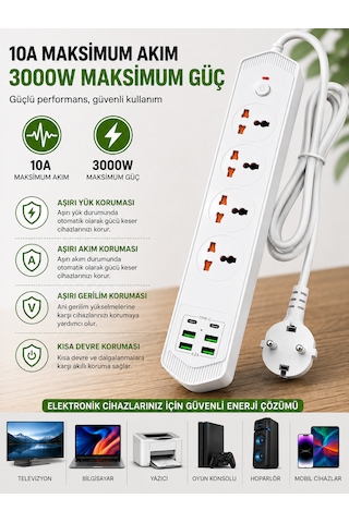 4 Lü Akım Korumalı Evrensel Priz 3000w 10a, 2 Type-c + 4 Usb-a, 2 Metre Kablolu Çoklu Priz 1 - 3 M