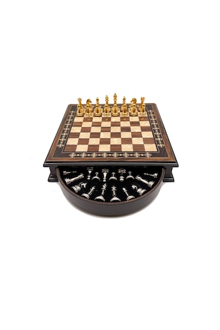 Özel - 641 - Tasarım El İşi Yuvarlak Satranç Tahtası Ve Metal Satranç Taşları Mcyv36 - Altın-gümüş, - Muratech - Kahve Ta