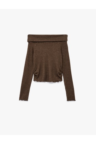 Koton Viskon Karışımlı Kaşkorse Omzu Açık Slim Fit Uzun Kollu Tişört Kahverengi 6wal10196ık Kahve