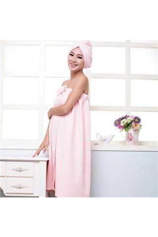 Pembe Kadın Sevimli Ilmek Çabuk Kuruyan Banyo Havlusu Spa Sarar Ve Duş Bonesi Bornoz Seti