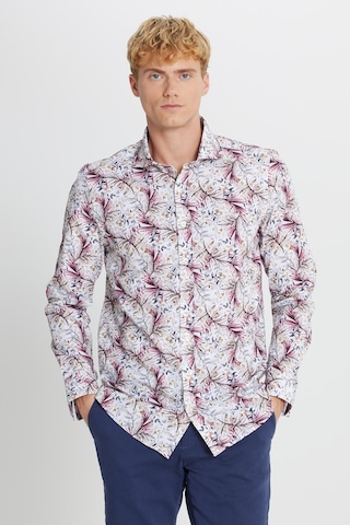 Erkek Beyaz Kırmızı %100 Pamuk Slim Fit Dar Kesim Büyük İtalyan Yaka Baskılı Gömlek Çok Renkli