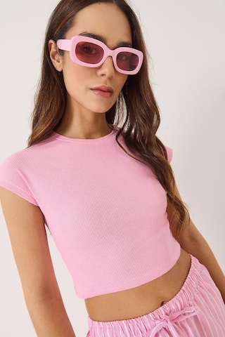 Shade Kadın Bisiklet Yaka Kısa Kollu Basic Kaşkorse Crop Top T-shirt 60602044 - Pembe