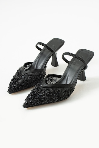 Duxal Shoes Alberta Tüylü Boncuklu Detaylı Arkası Açık Topuklu Ayakkabı Siyah