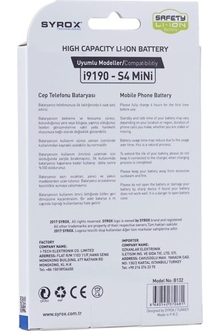 Syrox Samsung Uyumlu S4 Mini / I9190 Batarya B132 (512682766)