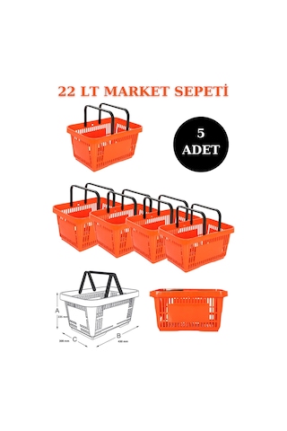 5 adet 22Litre Market ve Alışveriş Sepeti, Saplı Market Sepeti T
