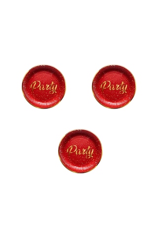 Roll-up Parti Doğum Günü Işıltılı Kırmızı Party Yazılı Karton Tabak - 22 Cm. - 8 Adetlik 3 Paket Kırmızı