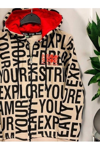 Erkek Çocuk Harf Baskılı Şardonlu Kapüşonlu Hırka-14808 Bej