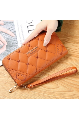 Kadın Cüzdan Kadın Uzun Moda Tek Fermuar Büyük Kapasiteli Bozuk Para Cüzdanı Cep Telefonu Çantası Kadınlar İçin - Turuncu Turuncu - Kahve
