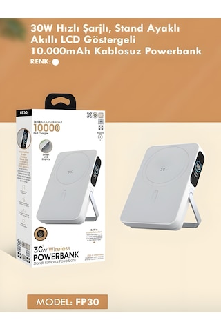 10000mah 30w Hızlı Şarjlı Dijital Göstergeli Taşınabilir Kablosuz Magsafe Powerbank Beyaz Beyaz