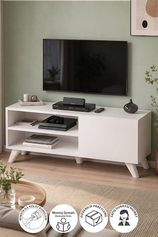 Tv Sehpası Kapaklı Tv Sehpası Raflı Tv Ünitesi Televizyon Sehpası 100 X 35 Cm Malta Beyaz Beyaz