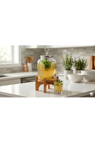 Geyik Figürlü Gümüş Lüks Cam İçecek Sebili - 3.6 Litre Bambu Standlı Meyve Suyu Kovası