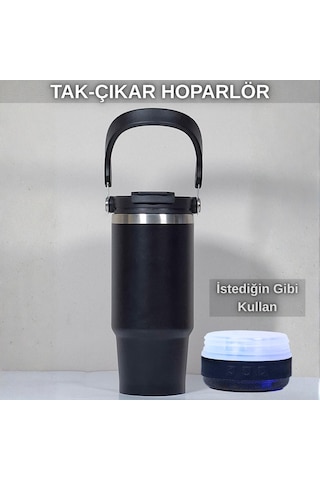 Bluetooth Hoparlörlü Paslanmaz Çelik Termos Bardak 600 Ml -pipetli ,çift Kullanımlı Kapak Siyah