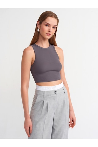 Dilvin Dikiş Efektli Crop Top Füme