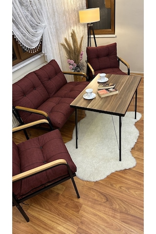 Modern Van Balkon, Bahçe, Cafe - Metal Kanepe Koltuk Takımı - 2+1+1 + Masa Bordo Modernb1 Bordo