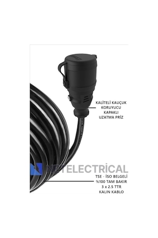 Kauçuk Tekli Seyyar Uzatma Kablosu - 3x2.5 Ttr Kalın Siyah Kablo- 20 Metre 20 Metre
