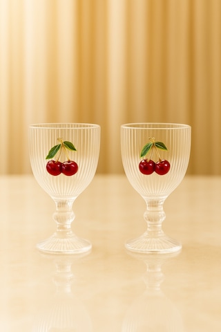 2 Li Kristal Cam Kahve Yanı Su Bardağı Kiraz Bardak Kirazlı 75ml