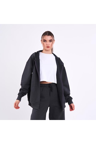MMetalic Antrasit Kanguru Cepli Kapüşonlu Fermuarlı Oversize Kadın Sweatshirt Antrasit